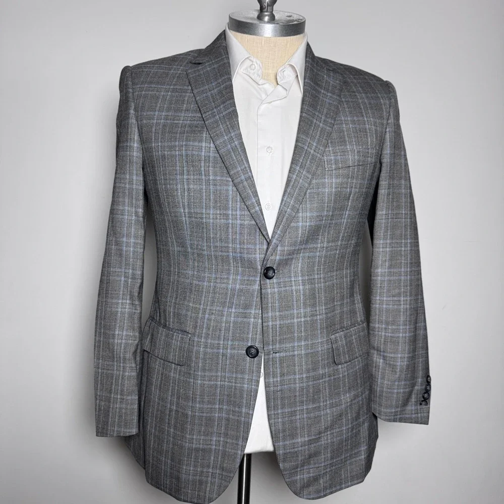 Pronto Uomo Platinum Sport Coat Mens 42L Grey Blue Plaid Wool Blend Blazer